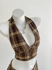 Elamini Bộ đồ 2 món dành cho nữ mùa hè, kiểu dáng thường ngày, họa tiết kẻ caro: áo hai dây và chân váy ngắn. - màu nâu - Xem 4