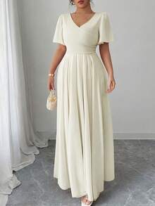 Elenzga Plus Size Women's V-Neck A-Line Chiffon Dress With Ruffle Sleeves, Elegant And Romantic - Apricot - View 3