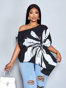 SOLERSUN Plus Size Women Summer Black And White Elegant Blouse, Autumn Loose-Fitting One-Shoulder Casual Top Asymmetrical Hem And Drawstring Tie-Waist - Black and White - View 4