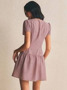 Poéselle Đầm ngắn tay cánh hoa kẻ sọc cài cúc dành cho nữ, kiểu dáng thường ngày. - Nhiều màu - Xem 3