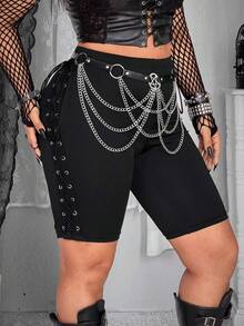 Whyspr Quần short nữ cỡ lớn phong cách Punk phối nhiều mảnh, đính khuy và dây buộc. - màu đen - Xem 3