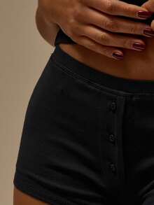 MUSERA ESSENTIALS 纽扣前开襟修身弹力腰纯棉迷你短裤套装（仅下装） 冬季舒适居家可爱日常休闲必备 情人节 春夏 度假假日 - 黑色 - 查看 6