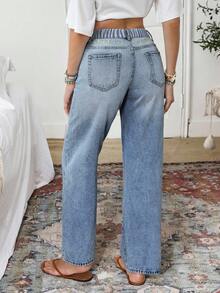 EMERY ROSE Plus Size Women Autumn/Winter Floral Embroidered Washed Slant Pocket Jeans - Blue - View 2
