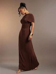 Hauture Women's Sexy High Neck Ruched Maxi Dress With Stylish Ring Decor - Brown - View 3