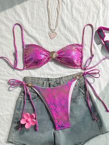 Swim Vcay Women's Summer Bikini Set With Spaghetti Strap Shell Decor Bra Top And Side Tie Swim Shorts - Pink - View 2