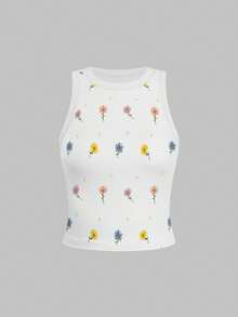 INAWLY Áo tank top nữ in họa tiết hoa tối giản, không tay, in toàn thân, thích hợp mặc hàng ngày. - trắng - Xem 4