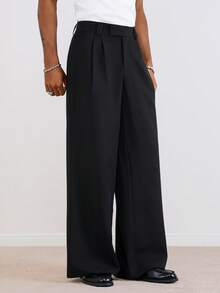 TOKVUE 男士纯色直筒宽松西装裤，带口袋，黑色阔腿裤，设计师款长裤，黑色阔腿正装裤，黑色长裤 - 黑色 - 查看 3