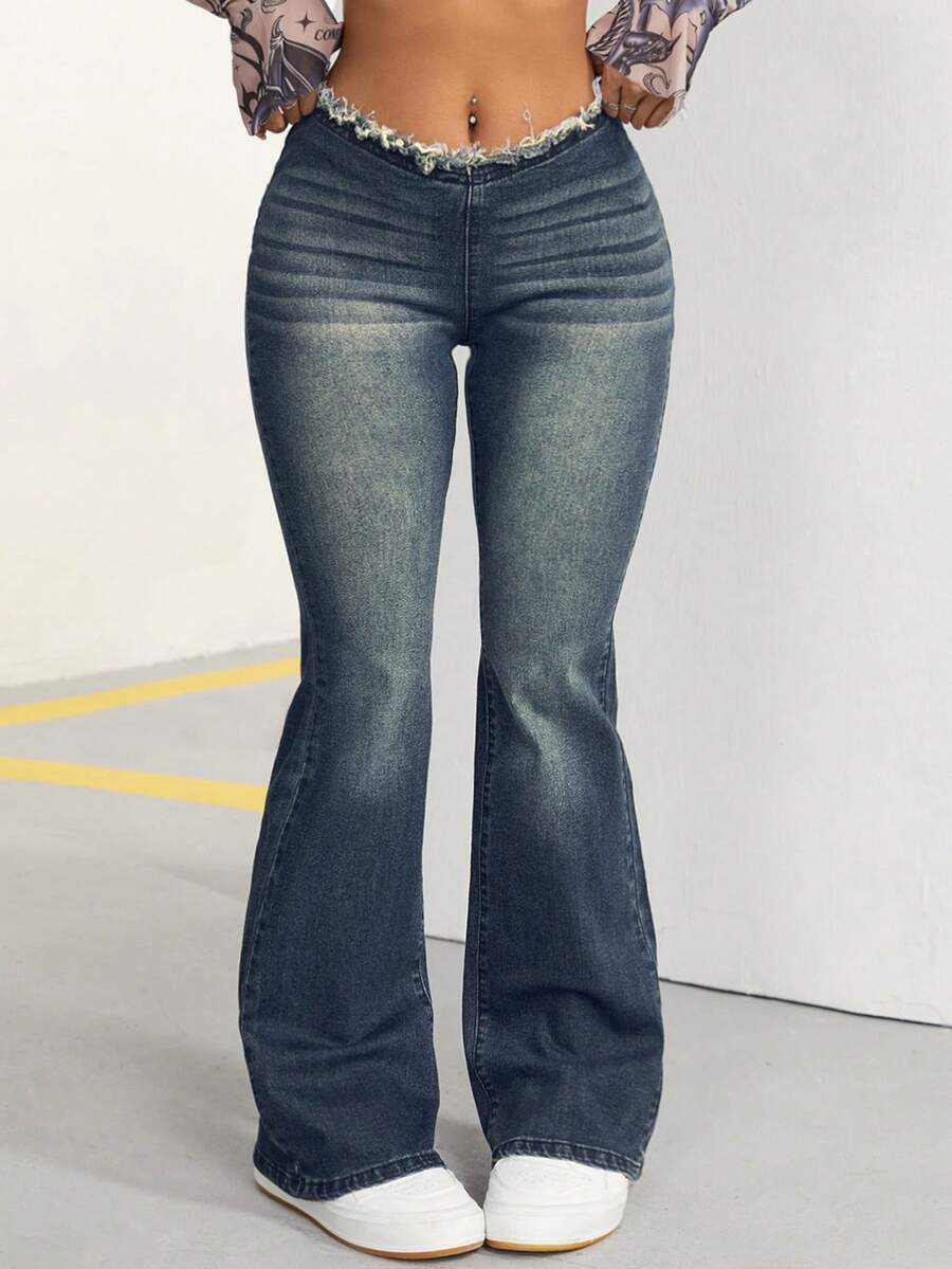 SHEIN ICON Women's Casual Flared Jeans With Frayed Hem - Dark Wash - View 1