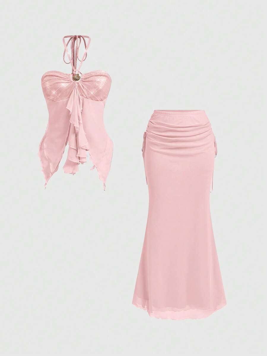 ROMWE Avant Bộ đồ 2 món gợi cảm cho kỳ nghỉ hè: Váy quây đuôi cá phối họa tiết vỏ sò biển, viền bèo nhún, dành cho nữ. - Hồng - Xem 1