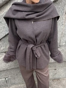 Marta Soriano 2025新款极简主义秋冬女士优雅披肩领大衣，秋冬棕色大衣，女士秋季大衣，棕色外套，女士冬季 - 棕色 - 查看 3