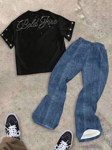 Tween Boy Letter & Lip Print Short Sleeve T-Shirt And Skull Print Casual Pants Set - Multicolor - View 3