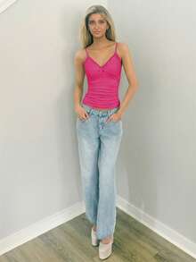 Sydney Algeri Contrast Lace Ruched Cami Top - Hot Pink - View 4