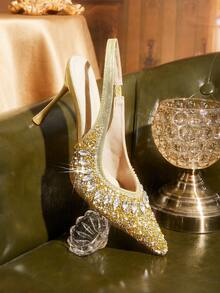 CUCCOO TILAWA Sapatos Femininos Dourados Novos Salto Alto Fino Pontudo com Elevação Traseira, Moda Deslumbrante com Strass, Sapatos de Salto Alto Sexy para Banquete, Festa, Balada, Sapatos de Salto Alto Slingback Femininos - Dourado - Visão 6