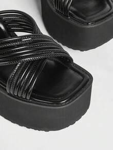 Sugerpunk Giày sandal cao gót đế xuồng kiểu dáng thường ngày gợi cảm dành cho nữ, kiểu Gothic Punk, mũi vuông hở ngón với quai chéo trang trí, hoàn hảo cho mùa xuân/hè đi làm, dự tiệc và nghỉ lễ. - màu đen - Xem 2