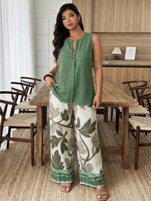 Weeklong Conjunto informal de 2 piezas con estampado floral y decoración de botones para mujer talla, primavera/verano - Albaricoque - Ver 8