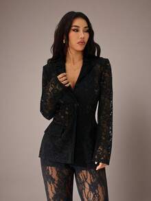 SHEIN PETITE 秋季女装、通勤时尚、秋季女装、秋季必备单品、女士翻领、长袖蕾丝透视修身款、优雅黑色西装外套、女士蕾丝夹克、女士黑色西装外套 - 黑色 - 查看 6