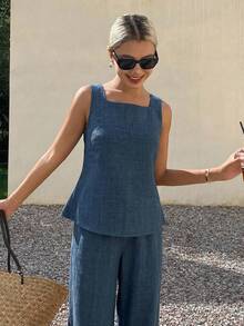 DAZY 女士纯色上衣和阔腿裤休闲两件套 - 藍色 - 查看 7