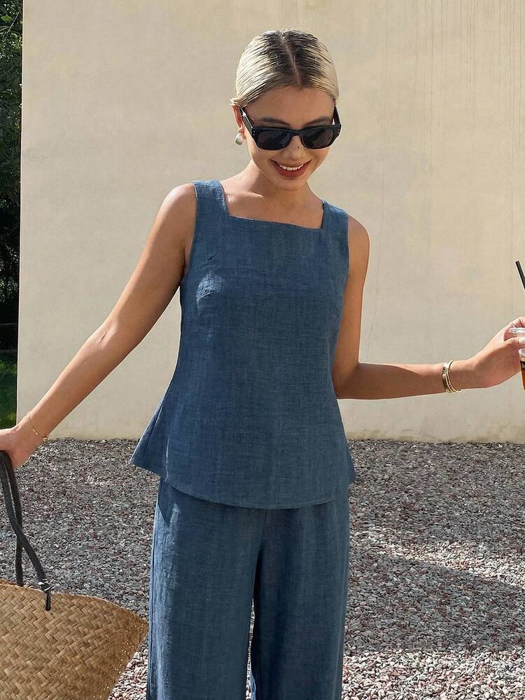 Women's Solid Color Top And Wide Leg Pants Casual 2 Pieces Set