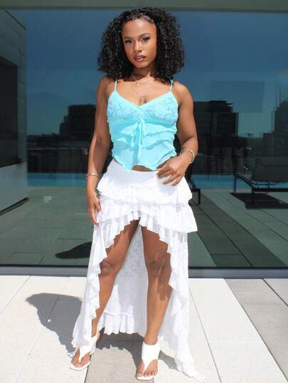 Steph T 女式性感辣妹千禧风格 Y2K 前卫时尚亮片拼接网眼蕾丝系带 V 领不对称多层下摆修身湖蓝色吊带上衣，性感上衣