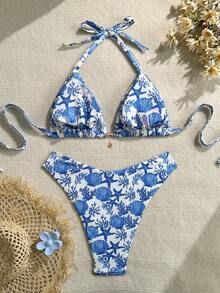 Swim Vcay 2026 Summer New Seashell & Starfish Print Plus Size Swimwear Set Hanbuk Beachwear Starfish Print Bikini Seashell Print Swimwear Women's 2 Pieces Swimwear Women's Bikini Blue And White Swimwear Beach Sets For Women Bikini Sets Swimwear Bikini Sets For Women's Bikini Set Beach Outfit Swimwear - Multicolor - View 2