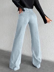 EURMUSE 100%Cotton High Waist Wide Leg Jeans - Light Wash - View 2