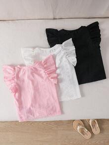 3pcs Young Girl Solid Color Round Neck Ruffle Hem Fitted T-Shirts,Kids Blouses For Girls Kids Clothes For Girl Cute Clothes For Girls Kids Clothes - Baby Pink - View 2