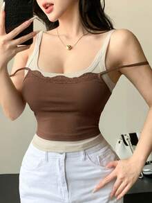 DAZY Top sin mangas casual de vacaciones en la playa con empalme de color contrastante para mujer, top ajustado - Marrón - Ver 4