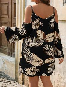 Breezaya Plus Size Women Leaf Print Casual Party Gym Slip Dress Brown Autumn - Multicolor - View 2