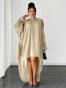 Maweii Vestido de manga larga con dobladillo asimétrico de unicolor talla grande - Albaricoque - Ver 3