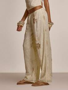 MUSERA Beaded Embellished Wide Leg Flowy Trousers Coord Bottoms Only Spring Summer Going Out Night Out Occasion Holiday Sexy Cute Embellished - Cream - View 4
