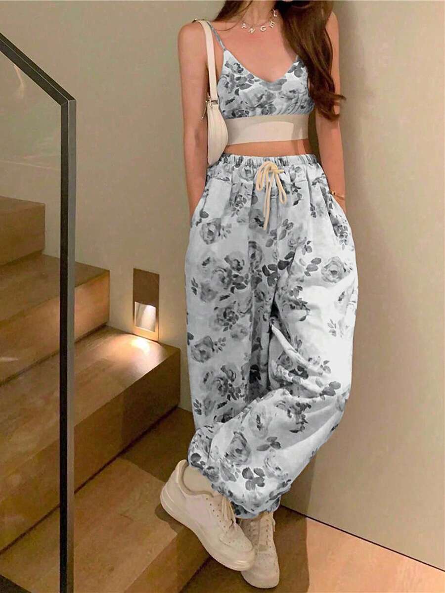 Pariaura Petite 2 Stücke/Set Damen Blumen Muster Crop Top und Hohe Taille Weite Bein Hose 2 Teiliges Set lässig Outfit für Frauen 2 Stücke Outfit - Schwarz - Übersicht 1