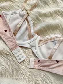 心形印花鋼圈胸罩內衣 - 杏色 - 查看 6