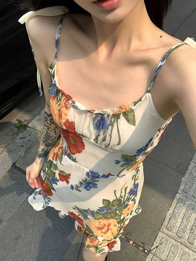 K-Vae 女士油画印花系带复古吊带裙，夏季