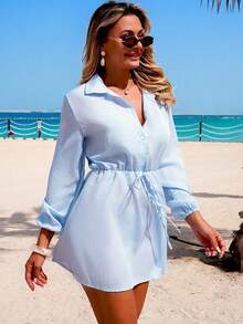 Swim Vcay Women's Spring/Summer Striped Long Sleeve Collared Waist Cinched Vacation Dress, Cover-Up - Blue - View 7