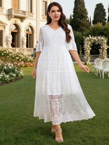Zaforene Plus Size Women V-Neck Lace Fashion Date Gym Party Dress Brown Summer - White - View 4