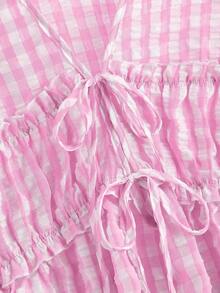 CosyJoli Plus Size Women Shirred Lantern Sleeve Tie-Waist Plaid Shirt - Pink - View 4