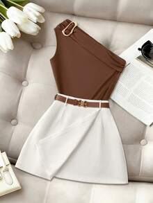 GlowEve CURVE 2pcs Set, Metal Accessory Top + Stylish Mini Skirt, Suitable For Commuting, Casual Wear, And Afternoon Tea - Multicolor - View 1
