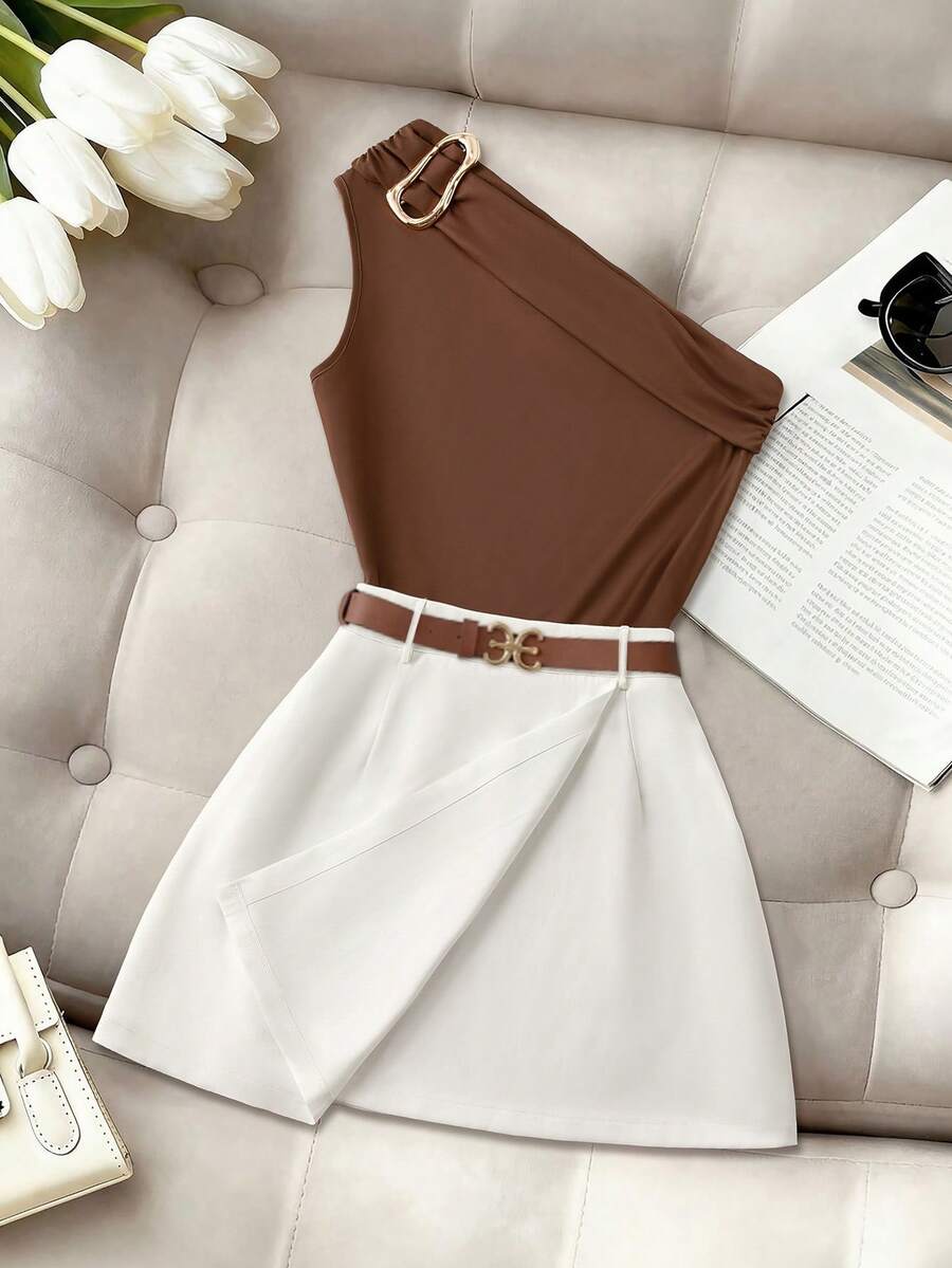 GlowEve CURVE 2pcs Set, Metal Accessory Top + Stylish Mini Skirt, Suitable For Commuting, Casual Wear, And Afternoon Tea - Multicolor - View 1