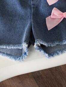SHEIN Playful Pals 2pcs/Set Young Girls Summer Casual Outfit,Light Pink Ribbed Sleeveless T-Shirt With 3D Ribbon Bow Decor & Blue Denim Shorts,School Cute Clothes Set - Pink - View 9