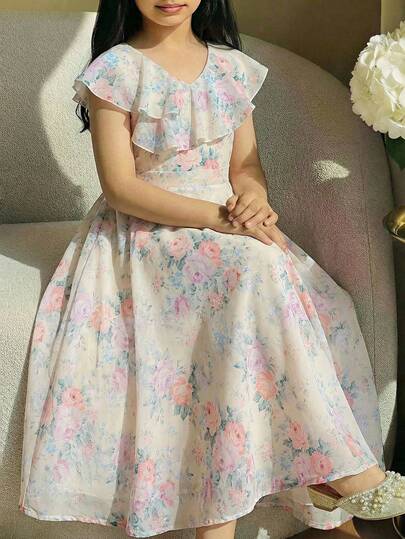 SHEIN فستان أنيق وبسيط للفتيات المراهقات، رقبة على شكل حرف V مع طوق مكرر، بدون أكمام، خصر عالي، طول متوسط، من القماش الشيفون الأزرق اللون الصلب، فستان رسمي لحفلات التخرج والزفاف لفتيات المراهقات