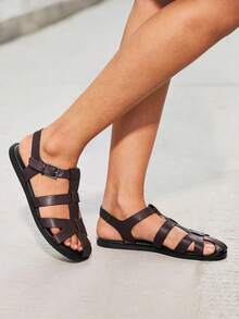 HighSole Sandalias casuales planas de punta redonda marrones para mujer, con suela grande suave y cómoda, versátiles y de estilo romano, adecuadas para exteriores, viajes, playa, uso diario, primavera/verano - Marrón - Ver 9