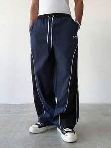 Manfinity Hypemode Men's Drawstring Elastic Waist Contrast Color Casual Pants - Royal Blue - View 3