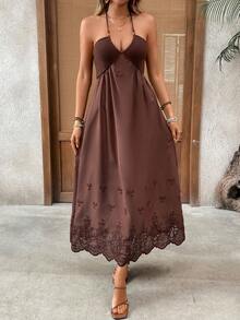 SHEIN Holidaya Robe d'été/printemps pour femme avec perles, style ras-du-cou. Robe élégante et romantique avec patchwork en tricot ajouré et broderie, style vacances - Tabac - Voir 4