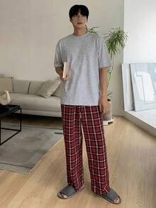 DAZY 男士紅色格紋長褲與T恤套裝休閒居家服，春夏睡衣 - 彩色 - 查看 6
