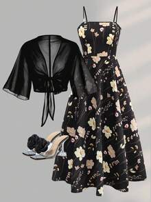 SHEIN Franclia 大码女式碎花雪纺连衣裙和开衫两件套，优雅夏日 - 黑色 - 查看 7