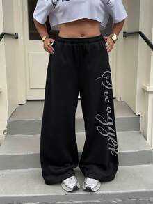 Muchica Plus Size Women Letter Rhinestone Graphic Casual Versatile Daily Wear Wide Leg Pants - Black - View 7