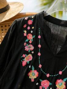 SHEIN CURVE+ 女士刺绣花卉图案衬衫，加大码宽松版型，采用厚实面料制成 - 黑色 - 查看 4