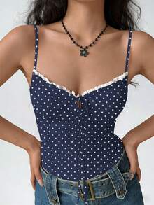 Rina Fox 女士波点撞色蕾丝镂空系带吊带背心，性感约会、度假必备，包容性强，修身显瘦，复古风，新品上市，修饰梨形身材，3D立体剪裁，复古性感，荷叶边肩带，复古印花 - 藏蓝色 - 查看 8