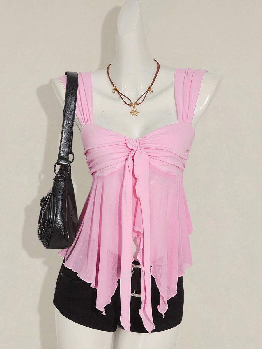 SHEIN ICON 不对称网眼下摆女士背心 - 淺粉色 - 查看 1