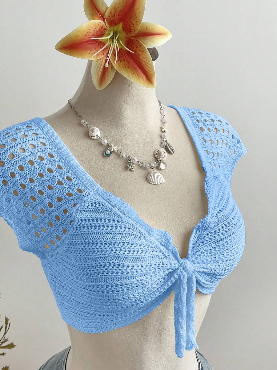 Elamini Women's Casual Versatile Vacation Style Knotted Hollow-Out Knit Top - Baby Blue - View 1